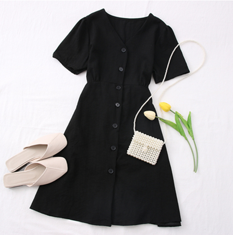 Fashionable V-Neck Button-Up Tie-Waist Short Dress
