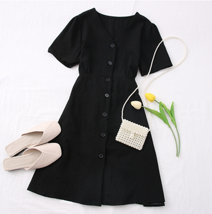 Fashionable V-Neck Button-Up Tie-Waist Short Dress