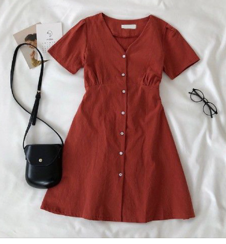 Fashionable V-Neck Button-Up Tie-Waist Short Dress