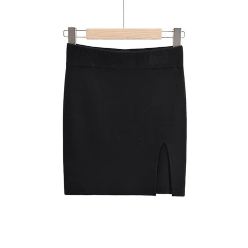 High Waist Stretch Knit Side Slit Hip Skirt