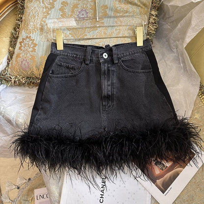 Ostrich Hair Black Denim Patchwork Skirt