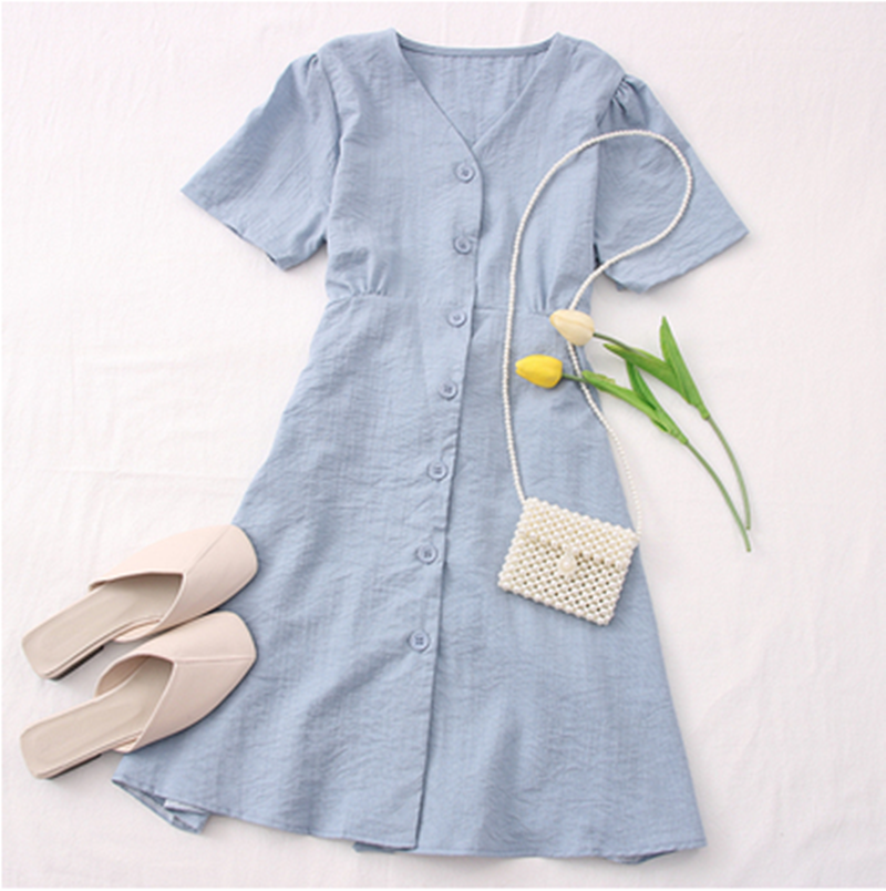 Fashionable V-Neck Button-Up Tie-Waist Short Dress