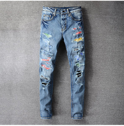Trendy Slim Fit Ripped Leather Jeans for Men