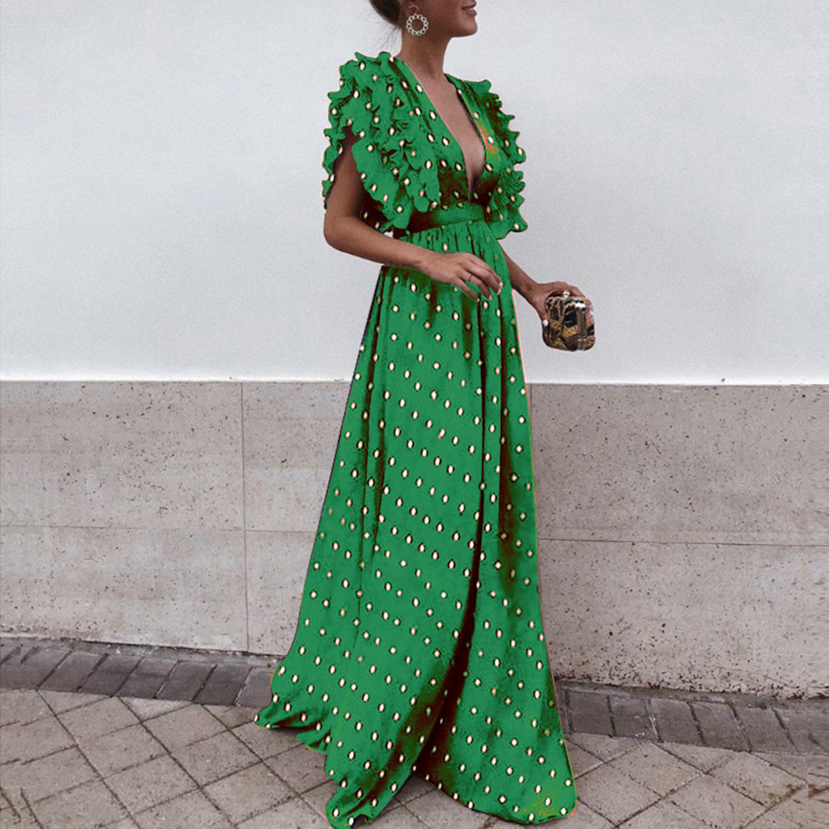 Ladies' Polka-Dot V-Neck Flowy Maxi Dress