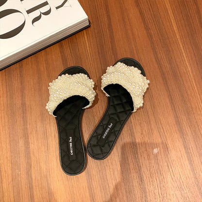 Elegant Women's Leather Pearl Slippers