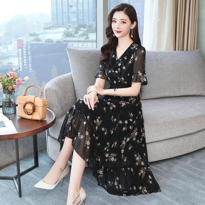 Floral Chiffon A-Line Dress