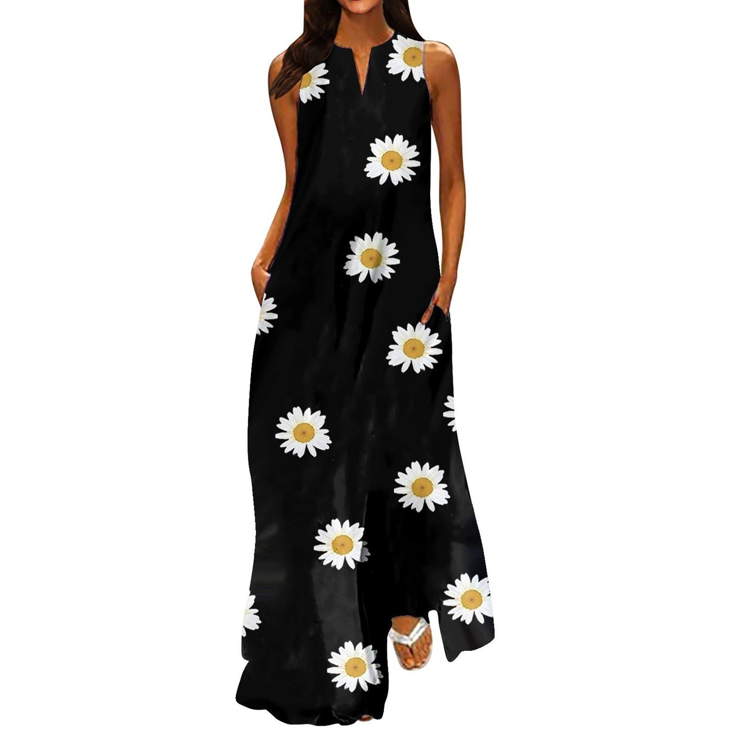 V-neck Floral Pocket Dress for Women