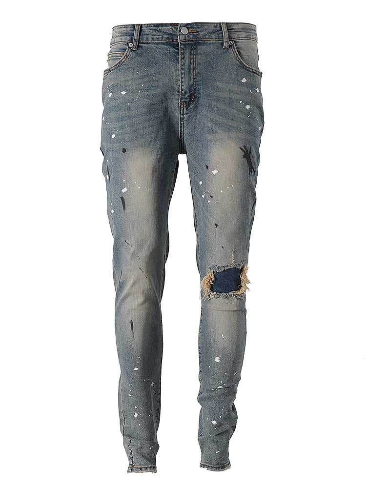 Slim-fit Jeans with Ink Splashes and Ripped Patches