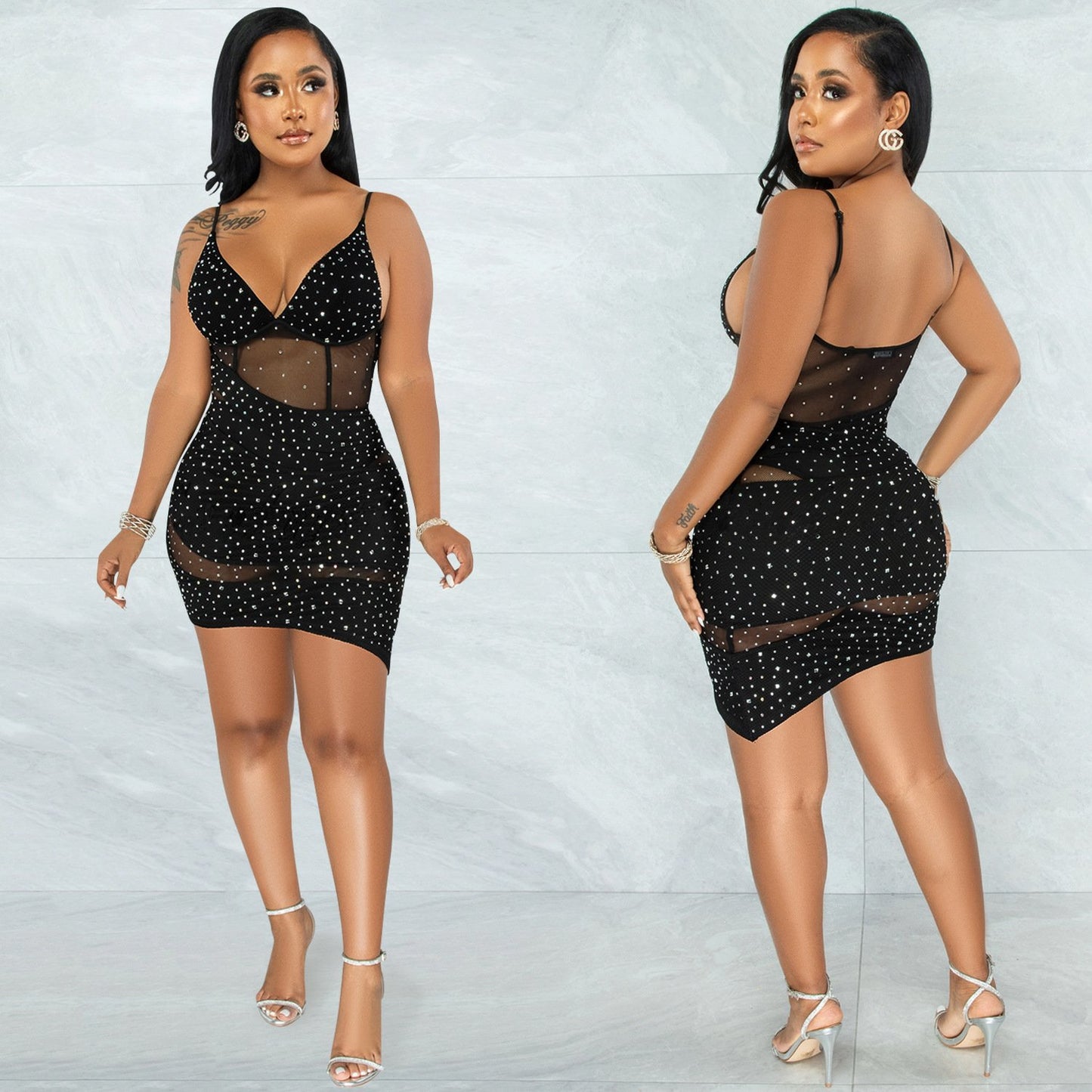 Glitzy Mesh Diamond Sling Dress
