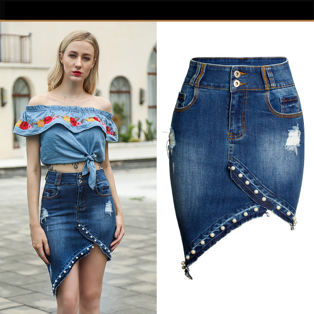 Fashion-Forward Beaded Denim Skirt