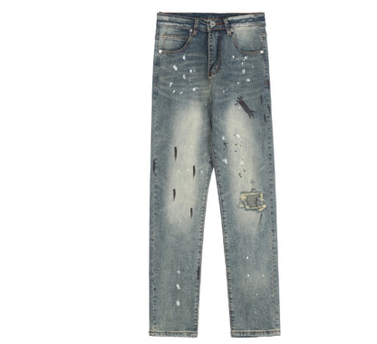 Slim-fit Jeans with Ink Splashes and Ripped Patches