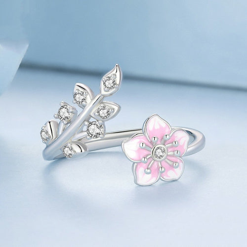 Silver Charm Ring with Gradual Pink Flower Design