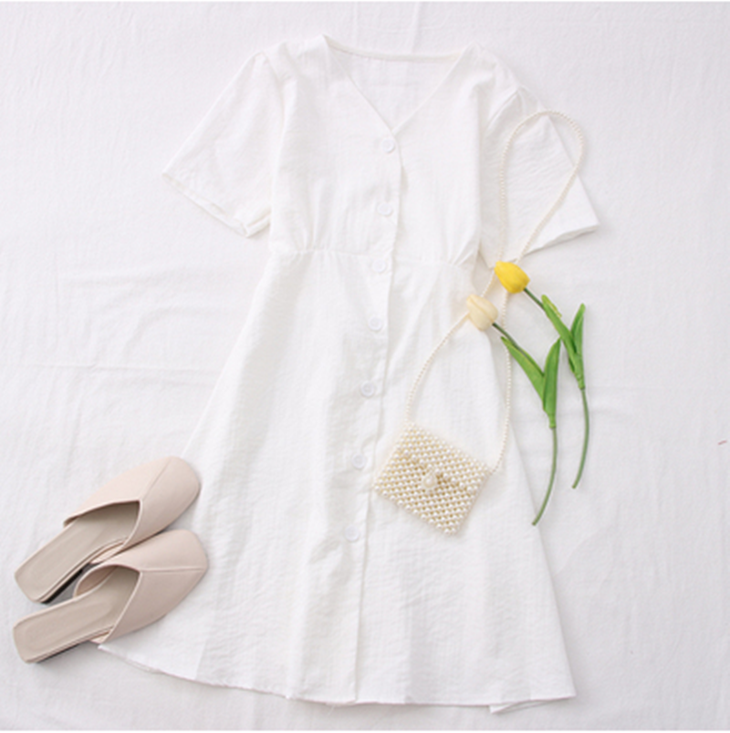 Fashionable V-Neck Button-Up Tie-Waist Short Dress