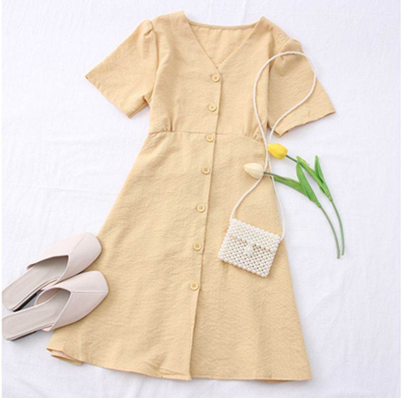 Fashionable V-Neck Button-Up Tie-Waist Short Dress