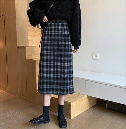 Chic High-Rise Plaid Woolen Skirt