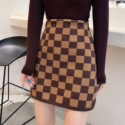 Chic High-Waist Plaid Knit Skirt