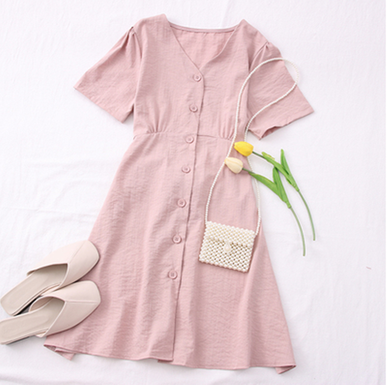 Fashionable V-Neck Button-Up Tie-Waist Short Dress