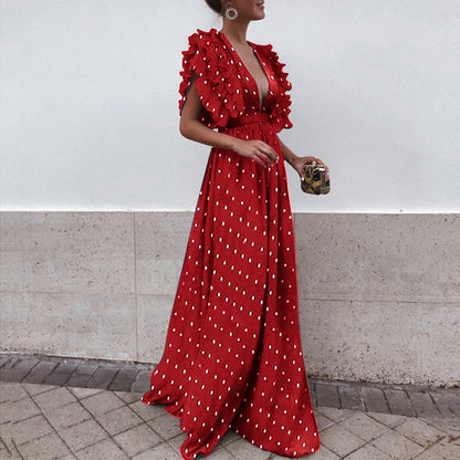Ladies' Polka-Dot V-Neck Flowy Maxi Dress