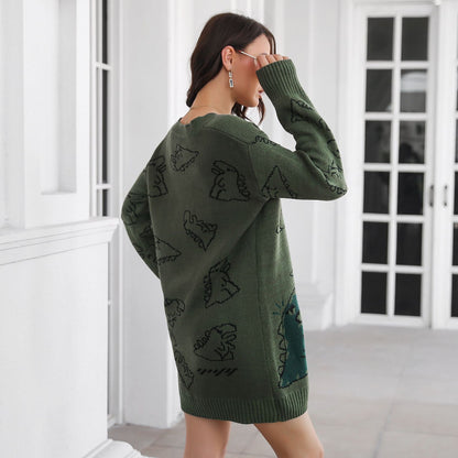 Cute Dinosaur Cartoon V-neck Sweater Dress for Women