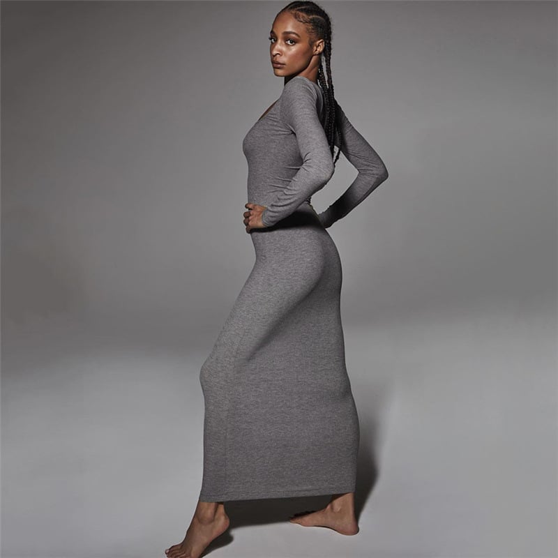 Women's Slimming Long-Sleeved Solid Color Dress