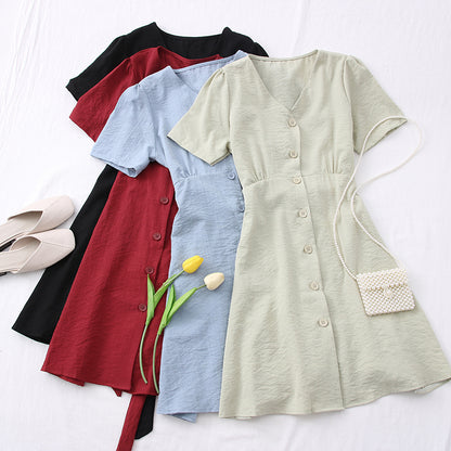 Fashionable V-Neck Button-Up Tie-Waist Short Dress