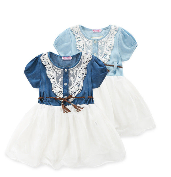 Girls' Denim Short Sleeve Mesh Dress
