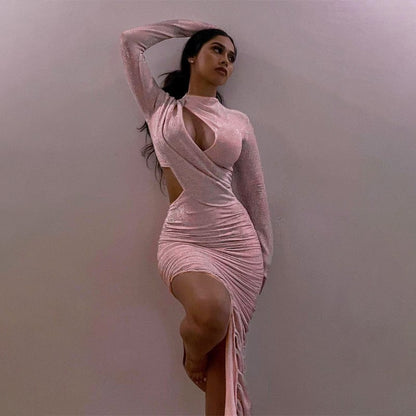 Elegant Hollow Folds Slim Dress