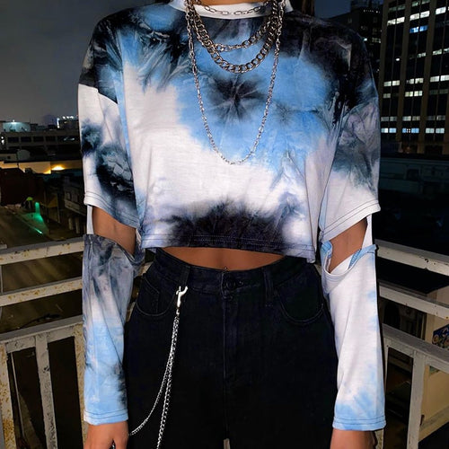 Stylish Broken Sleeve Tie-Dye Tee