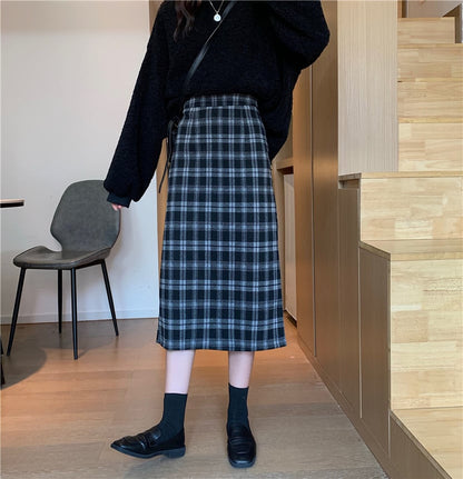 Chic High-Rise Plaid Woolen Skirt