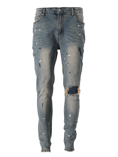 Slim-fit Jeans with Ink Splashes and Ripped Patches