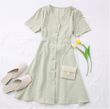Fashionable V-Neck Button-Up Tie-Waist Short Dress