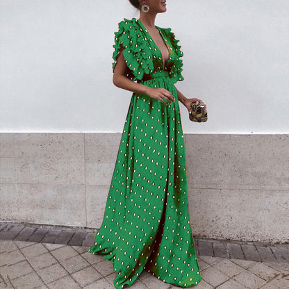 Ladies' Polka-Dot V-Neck Flowy Maxi Dress