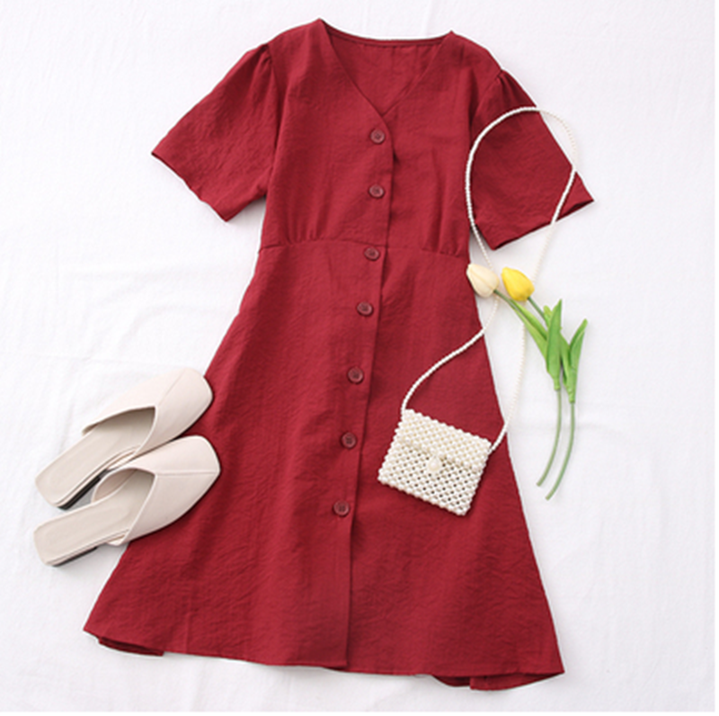 Fashionable V-Neck Button-Up Tie-Waist Short Dress