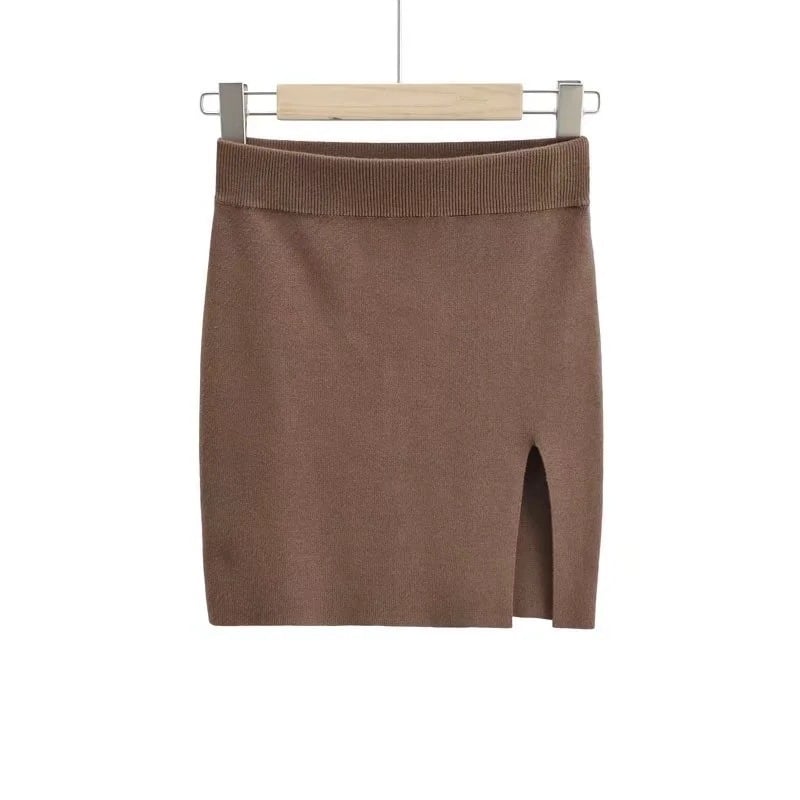 High Waist Stretch Knit Side Slit Hip Skirt
