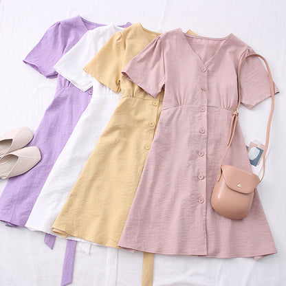 Fashionable V-Neck Button-Up Tie-Waist Short Dress