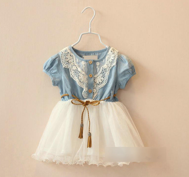 Girls' Denim Short Sleeve Mesh Dress