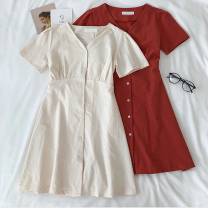 Fashionable V-Neck Button-Up Tie-Waist Short Dress