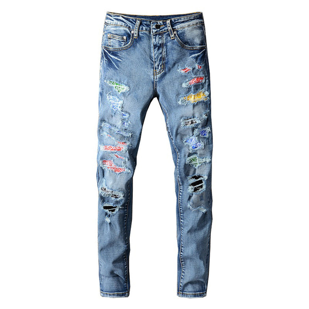 Trendy Slim Fit Ripped Leather Jeans for Men