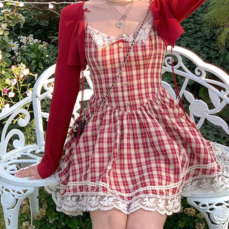 Chic Red Plaid Suspender Dress