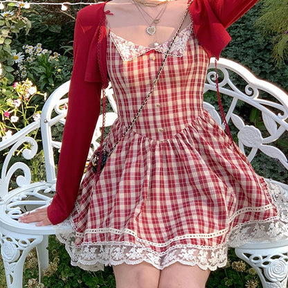 Chic Red Plaid Suspender Dress
