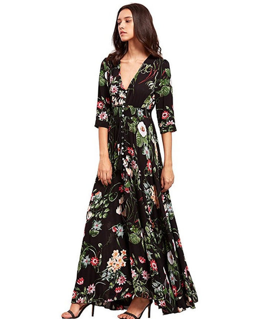 Boho Floral Buttoned Maxi Dress