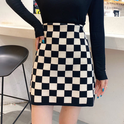 Chic High-Waist Plaid Knit Skirt