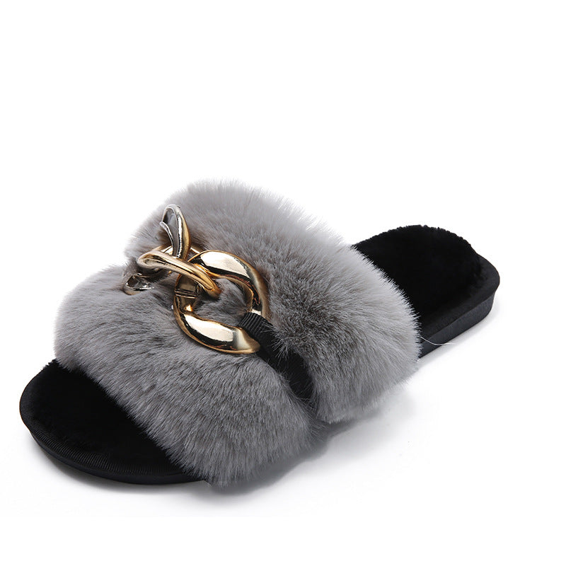 Korean Style Plush Slippers for Women - Flat Bottom