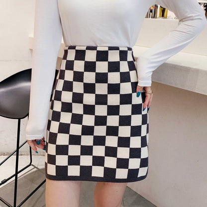 Chic High-Waist Plaid Knit Skirt