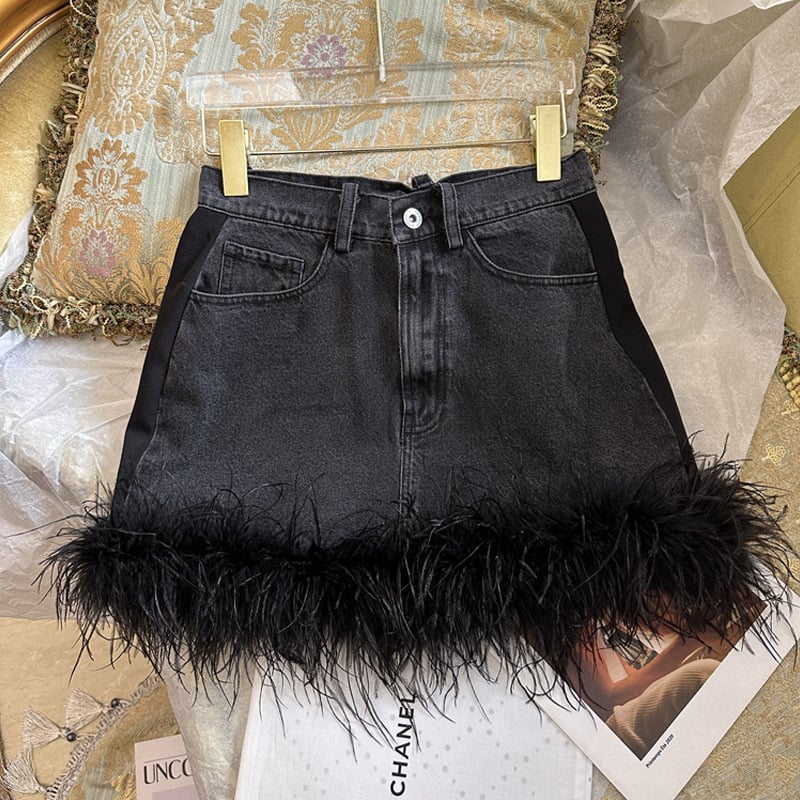 Ostrich Hair Black Denim Patchwork Skirt