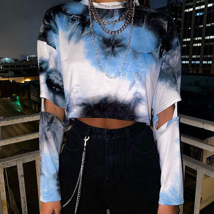 Stylish Broken Sleeve Tie-Dye Tee