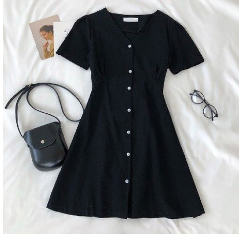 Fashionable V-Neck Button-Up Tie-Waist Short Dress