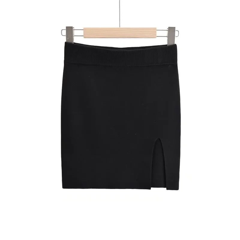 High Waist Stretch Knit Side Slit Hip Skirt