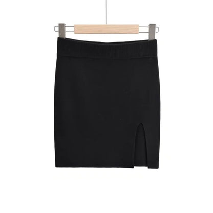High Waist Stretch Knit Side Slit Hip Skirt