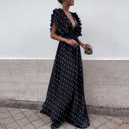 Ladies' Polka-Dot V-Neck Flowy Maxi Dress